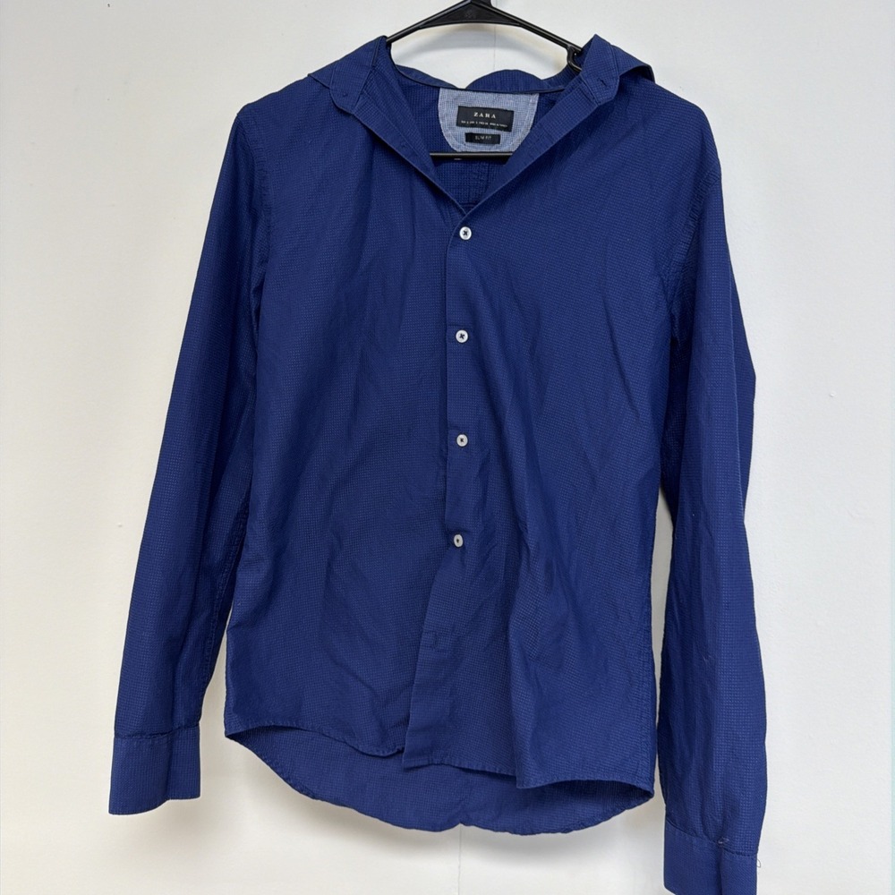 Zara Man Slim Fit Button Down Blue Long Sleeve Shirt Size Small